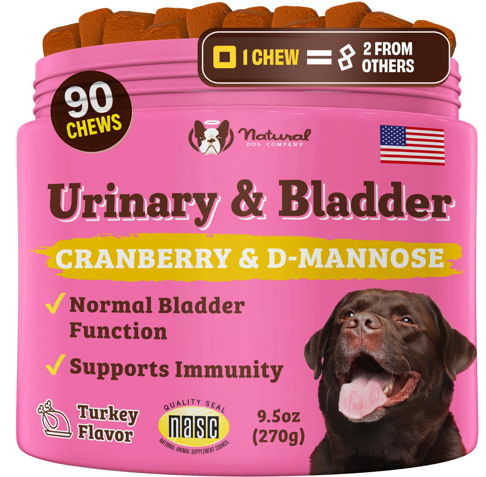 Natural Dog Company urinary-health soft chews in bottle support everyday bladder comfort.