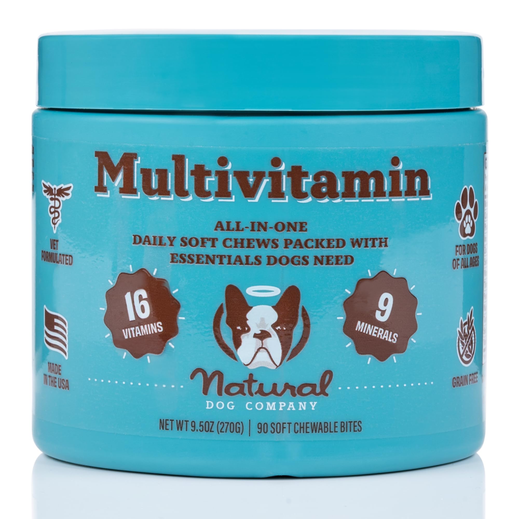 Natural Dog Company vet-formulated multivitamin bottle close-up highlighting complete nutrition