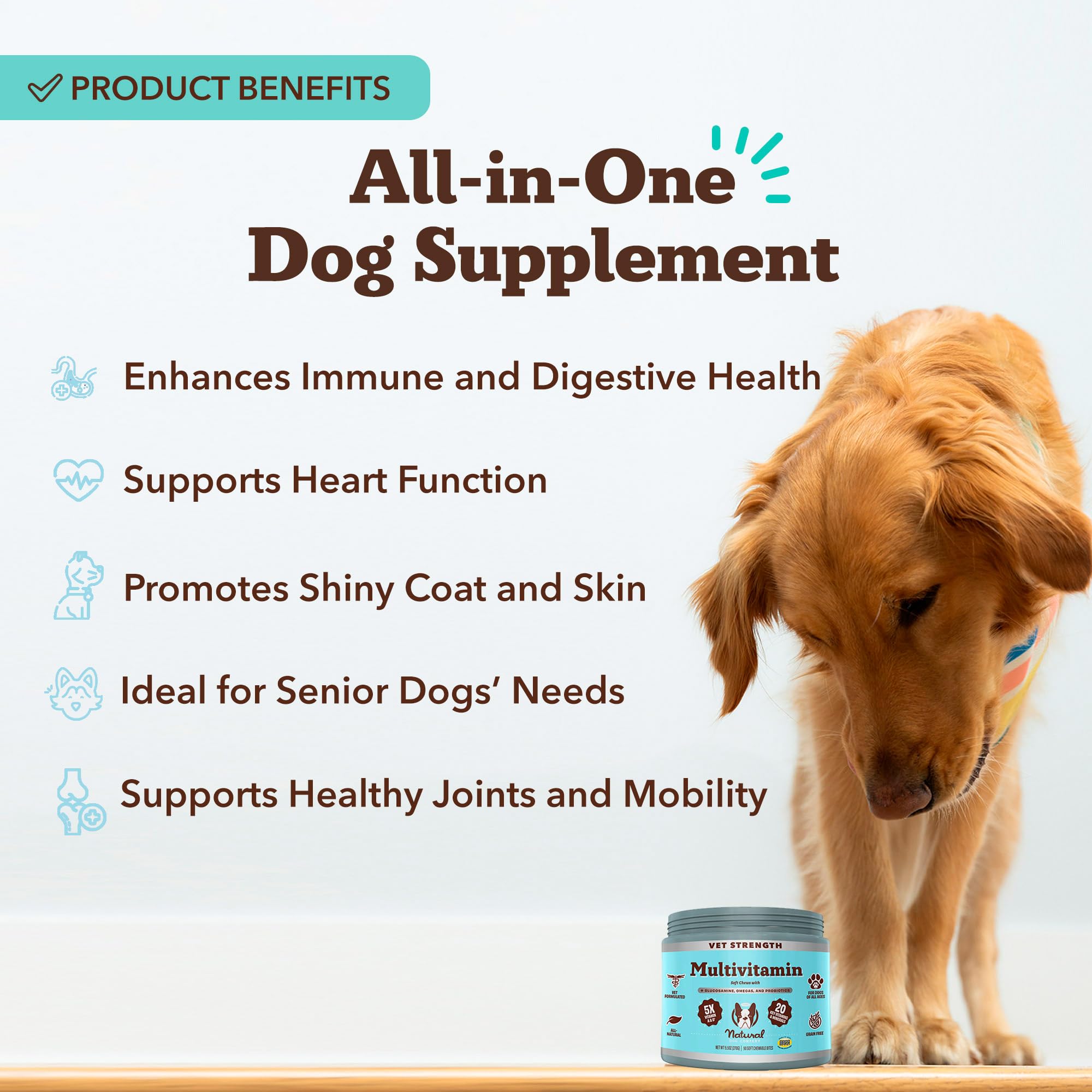 Natural Dog Company Vet Strength glucosamine and chondroitin for joint comfort.