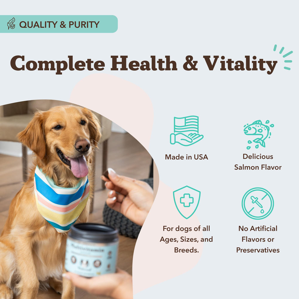 Natural Dog Company Vet Strength bottle showing skin and coat nutrition benefits.