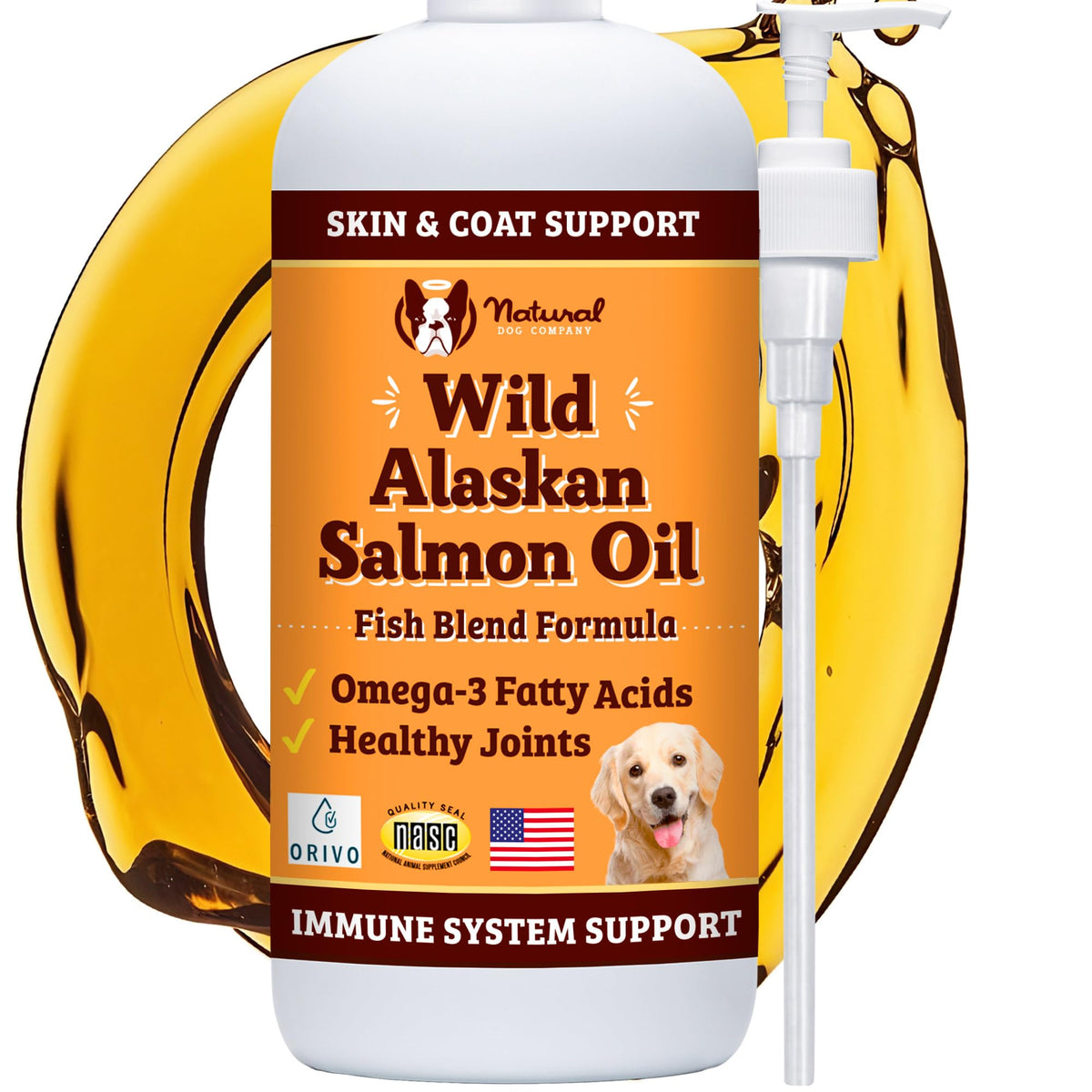 Natural Dog Company Wild Alaskan Salmon Oil bottle pouring onto dog food for shine