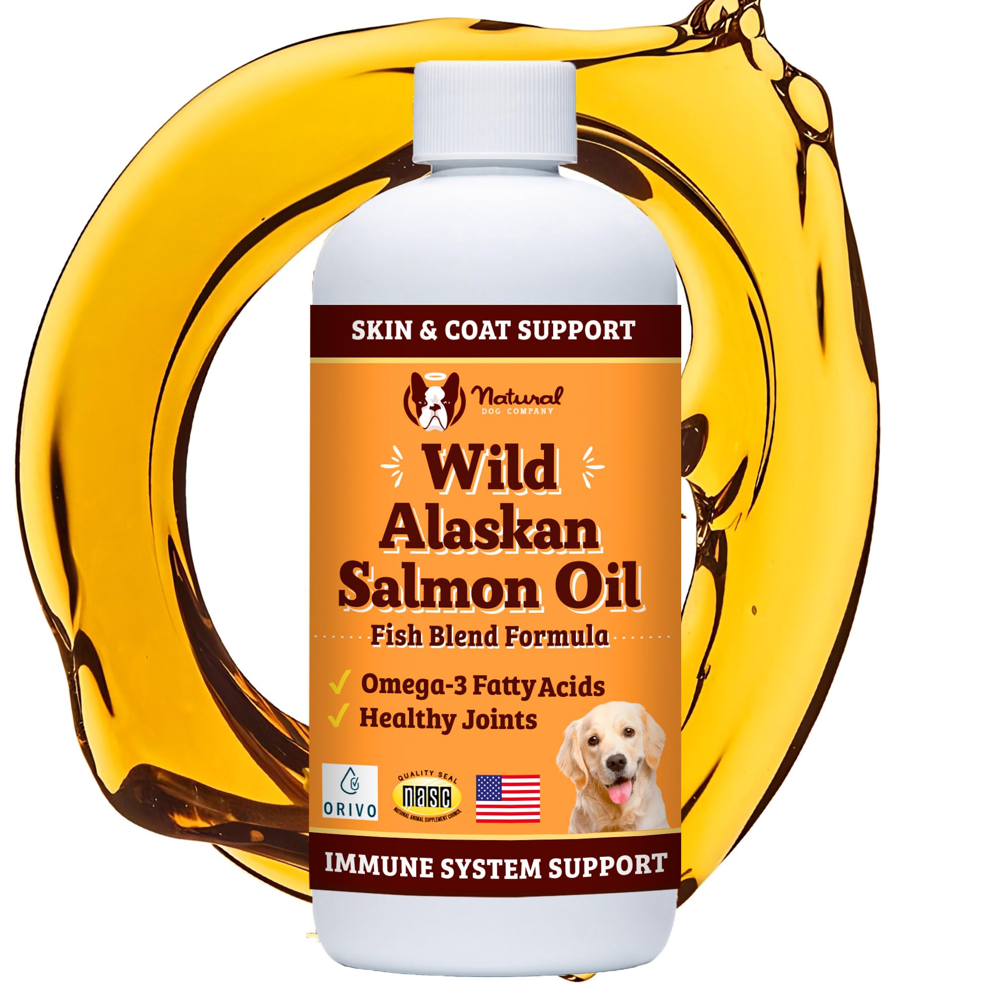 Natural Dog Company wild Alaskan salmon oil bottle pour promotes shiny coat