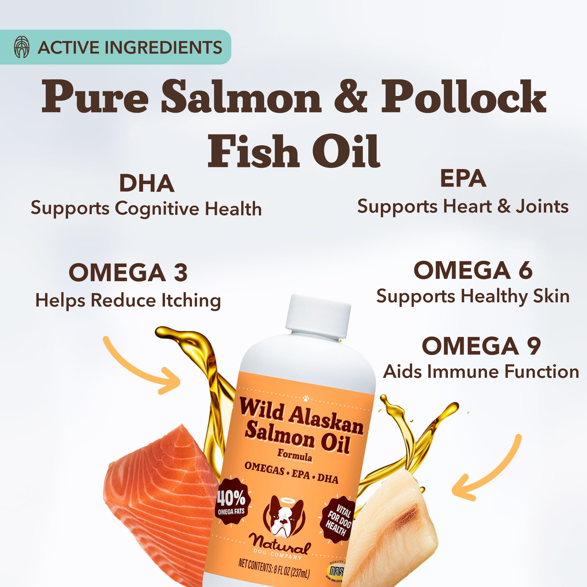 Natural Dog Company wild Alaskan salmon oil pump-dispense on meals for tasty nutrition