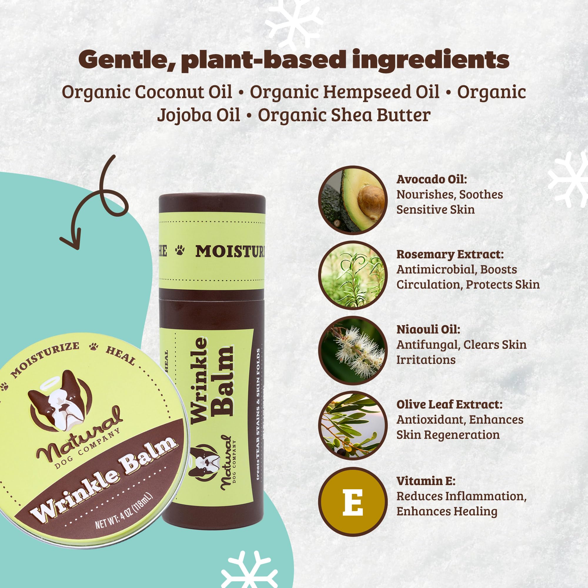 Natural Dog Company wrinkle balm ingredients close-up highlighting hydration from shea butter and hempseed oil.