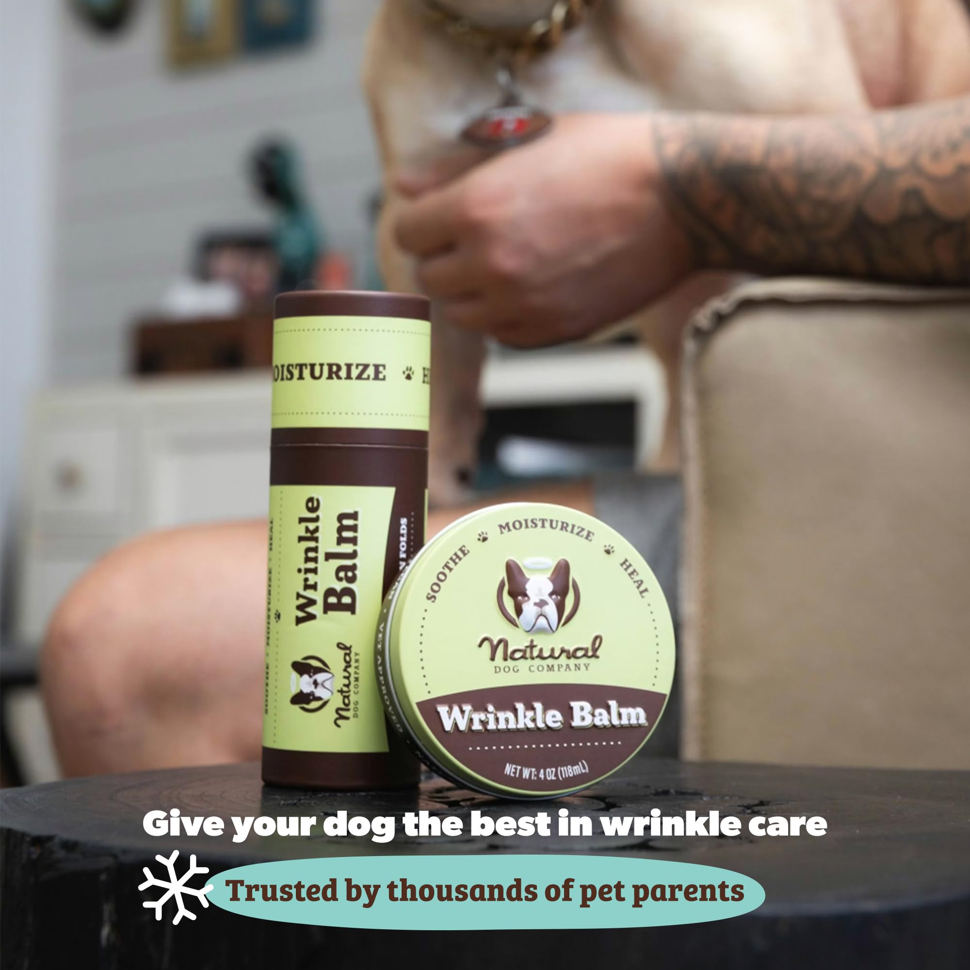 Natural Dog Company wrinkle balm therapy close-up shows easy, gentle application.