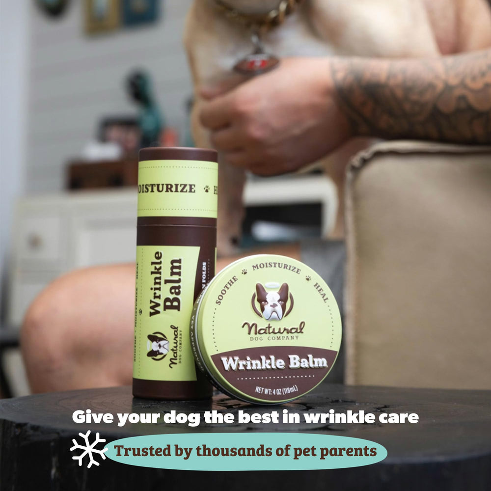 Natural Dog Company wrinkle balm therapy close-up shows easy, gentle application.