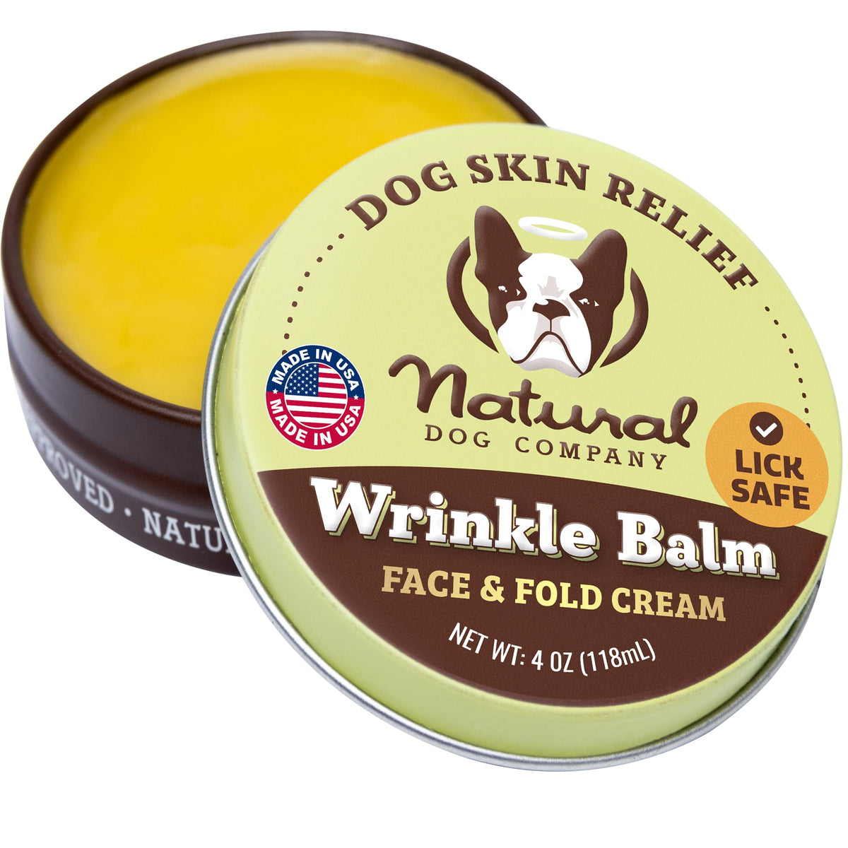 Natural Dog Company wrinkle balm tin front for soothing hydration.