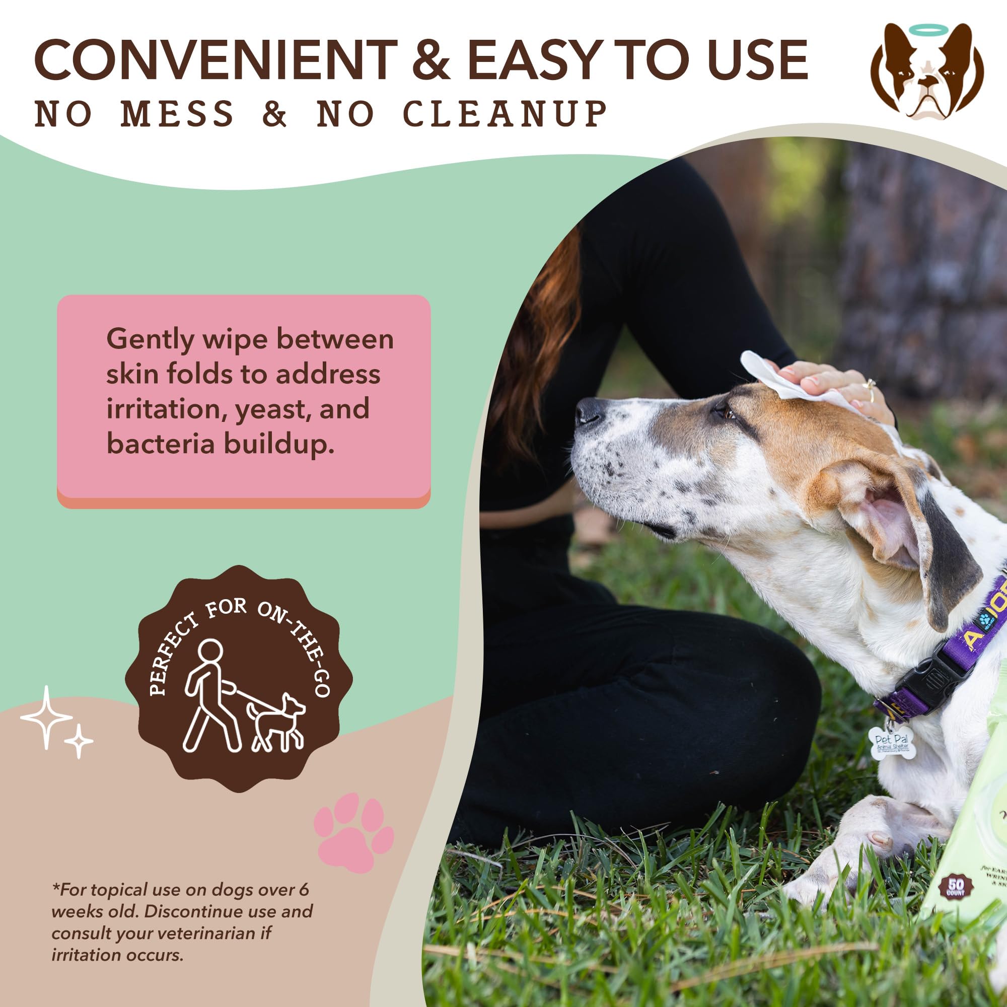 Natural Dog Company XL grooming wipes target facial wrinkles for dirt and dander removal.