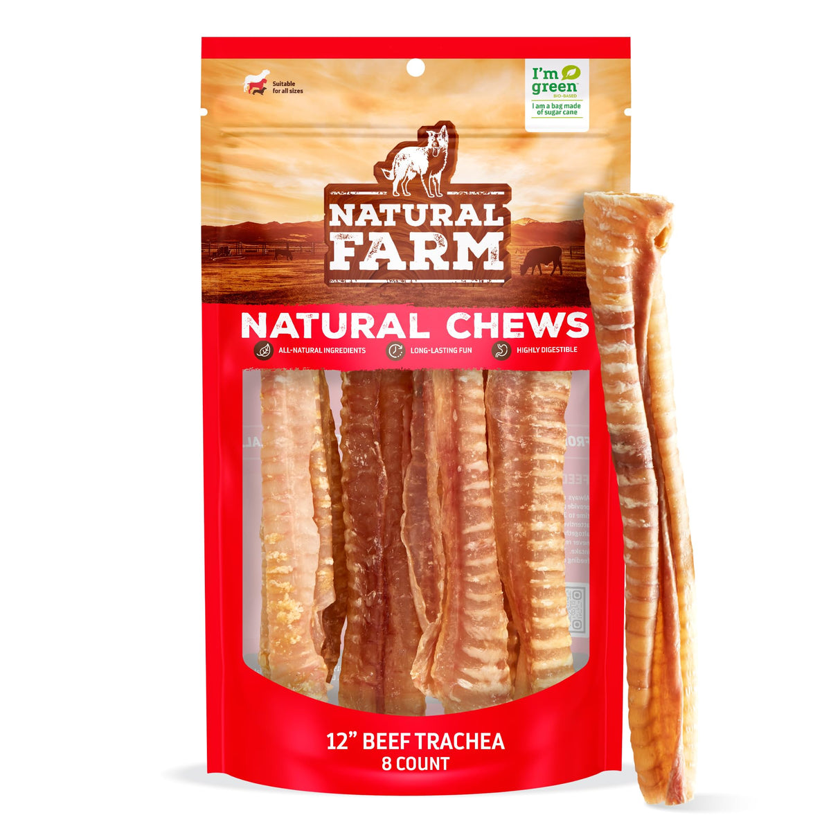 Natural Farm beef trachea 12in pack for dogs promotes dental health.
