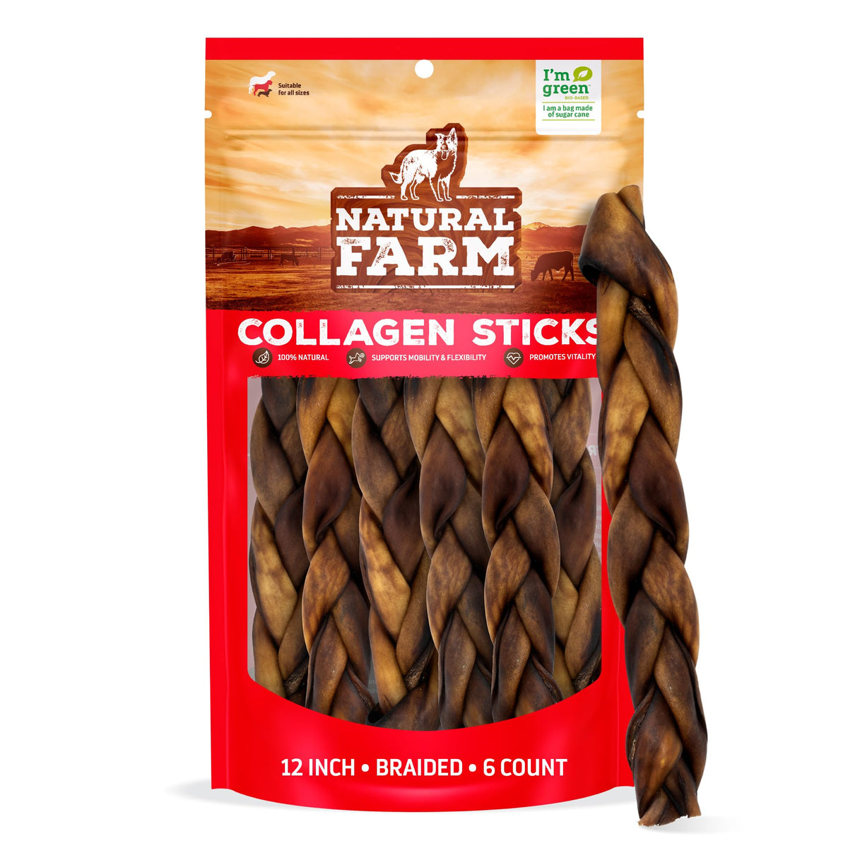 Natural Farm braided collagen chews 6-pack packaging showcasing long-lasting dog chews.