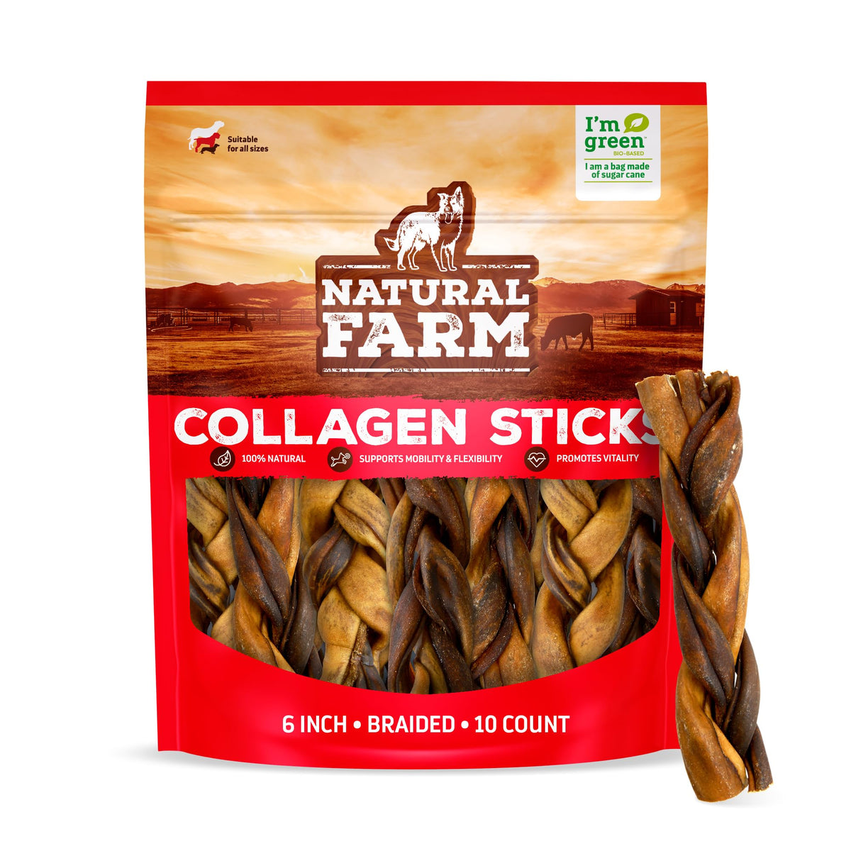 Natural Farm braided collagen chews for dogs provide long-lasting chewing sessions.