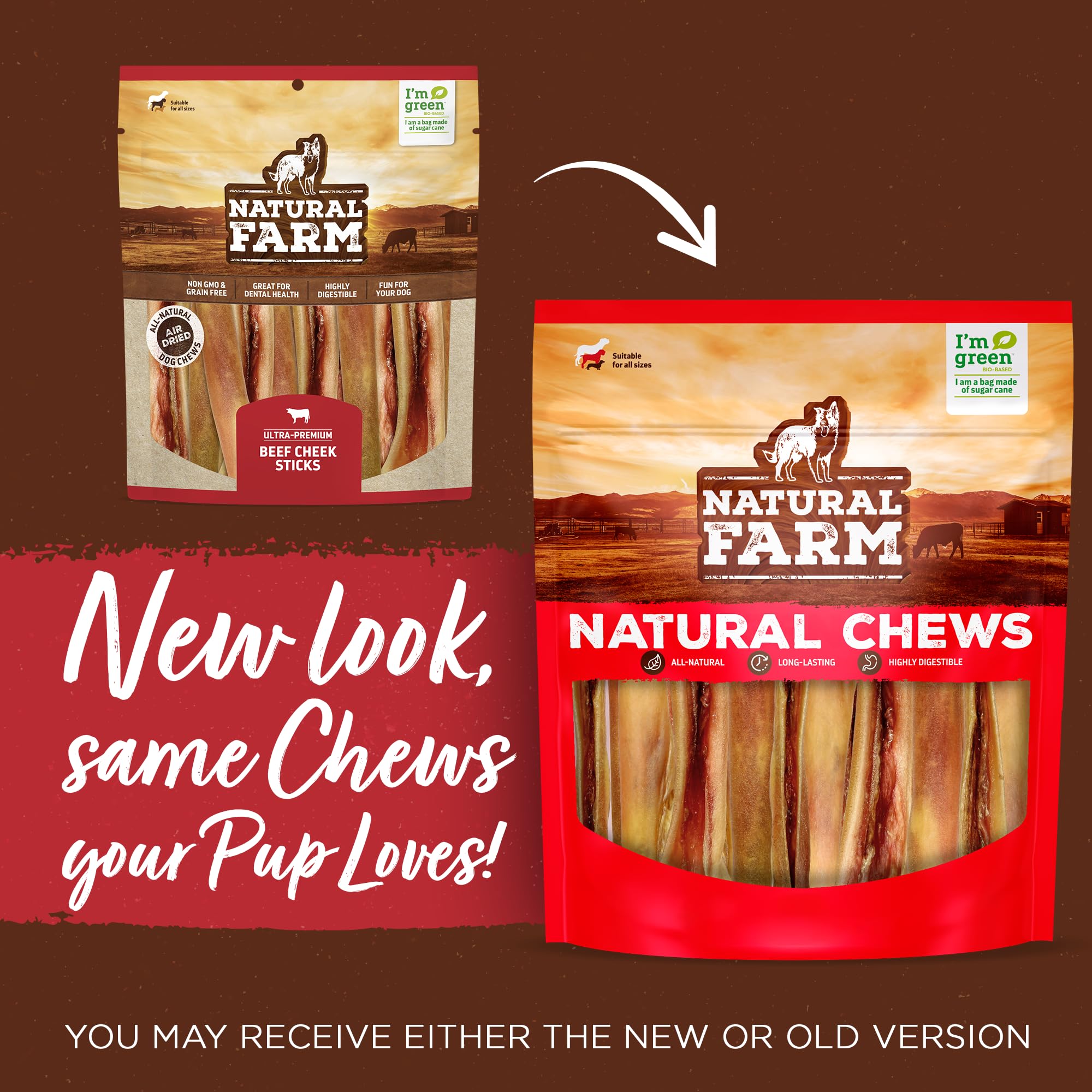 Natural Farm bully cheek stick 25-pack image highlights long-lasting, protein-rich chews.