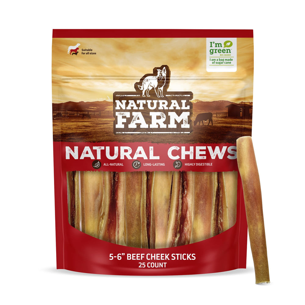 Natural Farm bully cheek stick packaging shows a 25-pack of rawhide-free dog chews.
