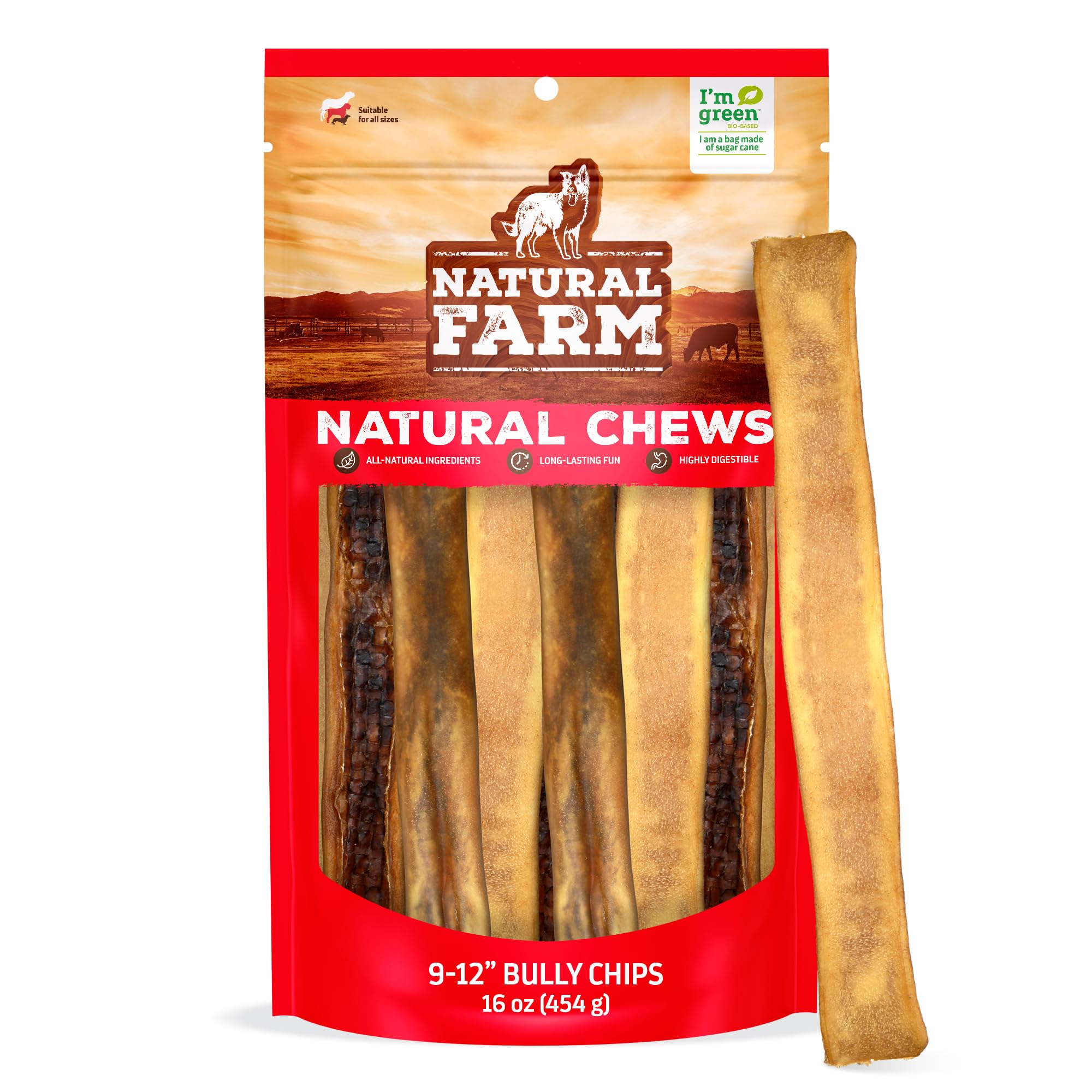 Natural Farm Bully Chips packaging highlights grain-free beef cheek chews for durable, long-lasting rewards.