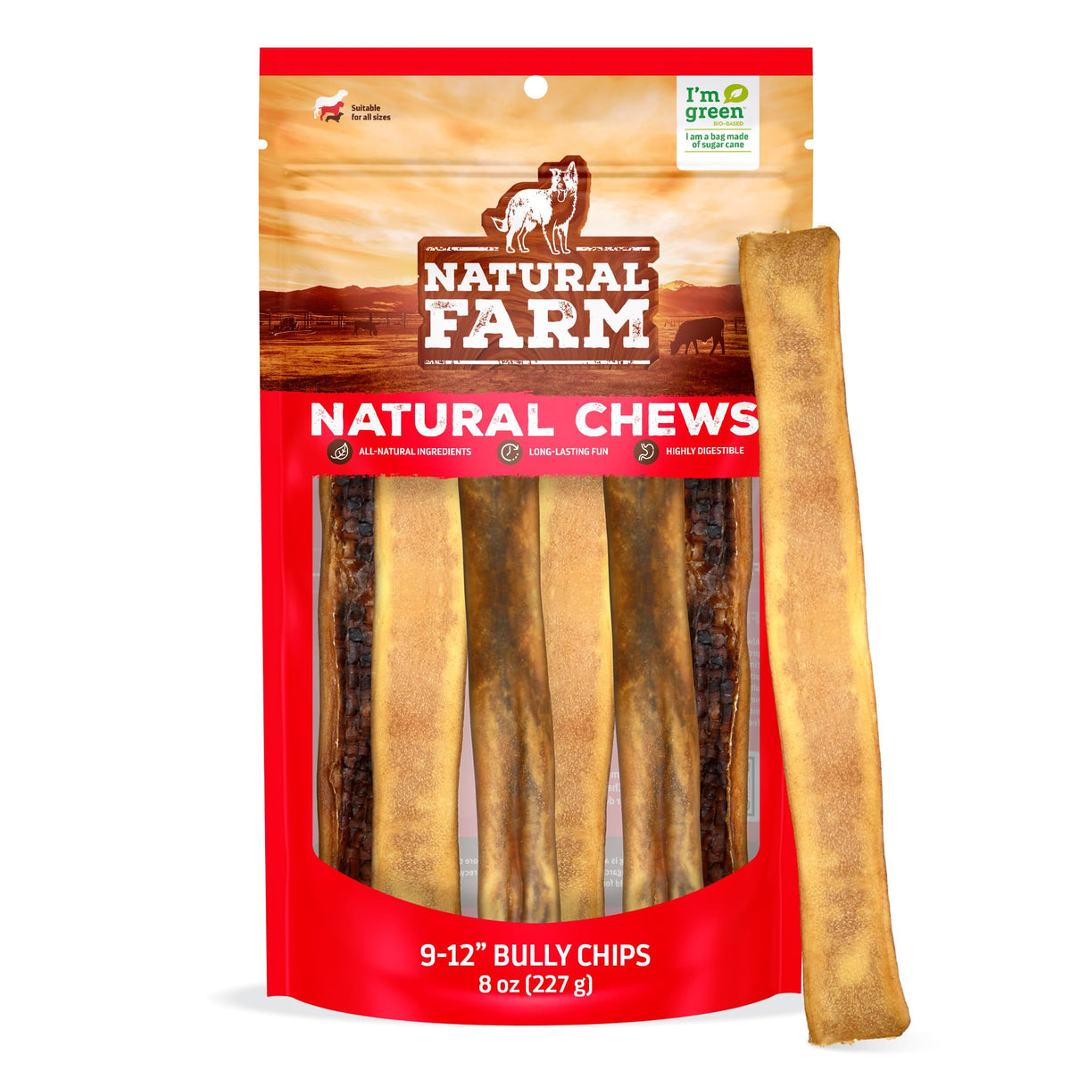 Natural Farm Bully Chips packaging shows 8 oz bag for dogs, ideal for rewards