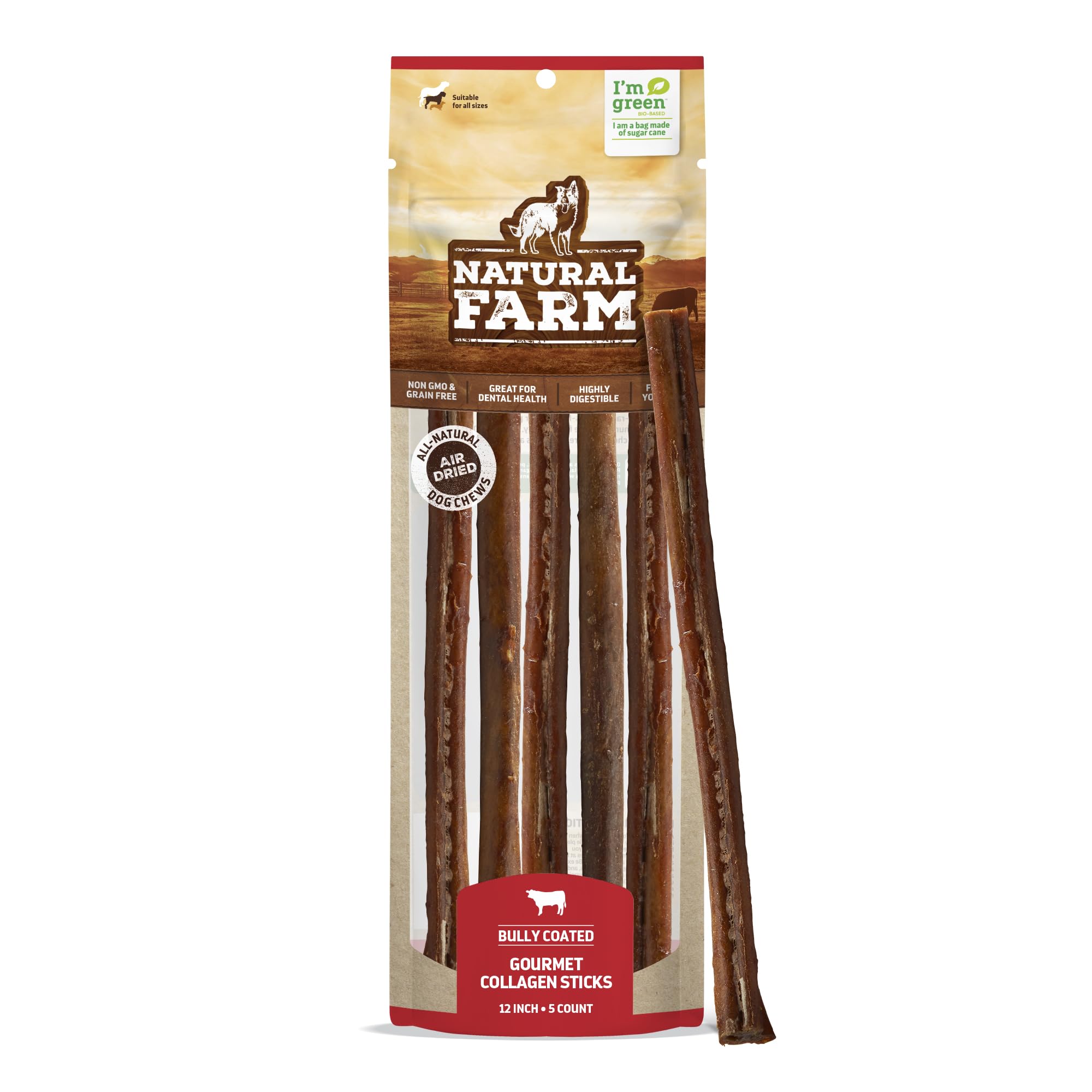 Natural Farm Bully Coated Gourmet Collagen Sticks 5-pack front, rawhide alternative for dogs