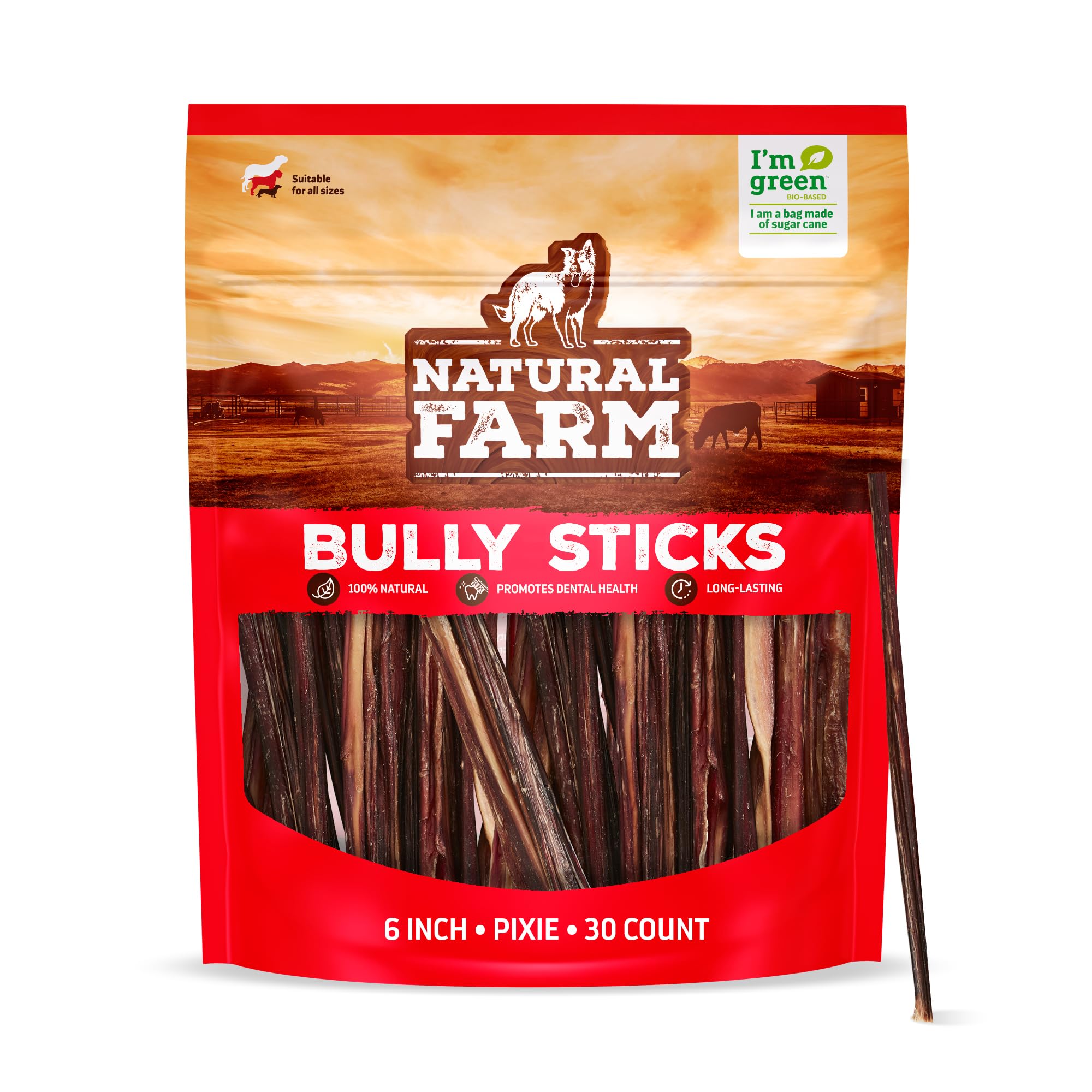 Natural Farm bully sticks 6-inch pack front, durable chew for training rewards