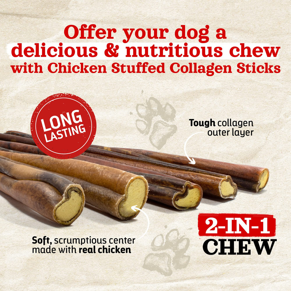 Natural Farm Chicken Stuffed Collagen Chews dog sniffing suggests a safe, rawhide-free option.