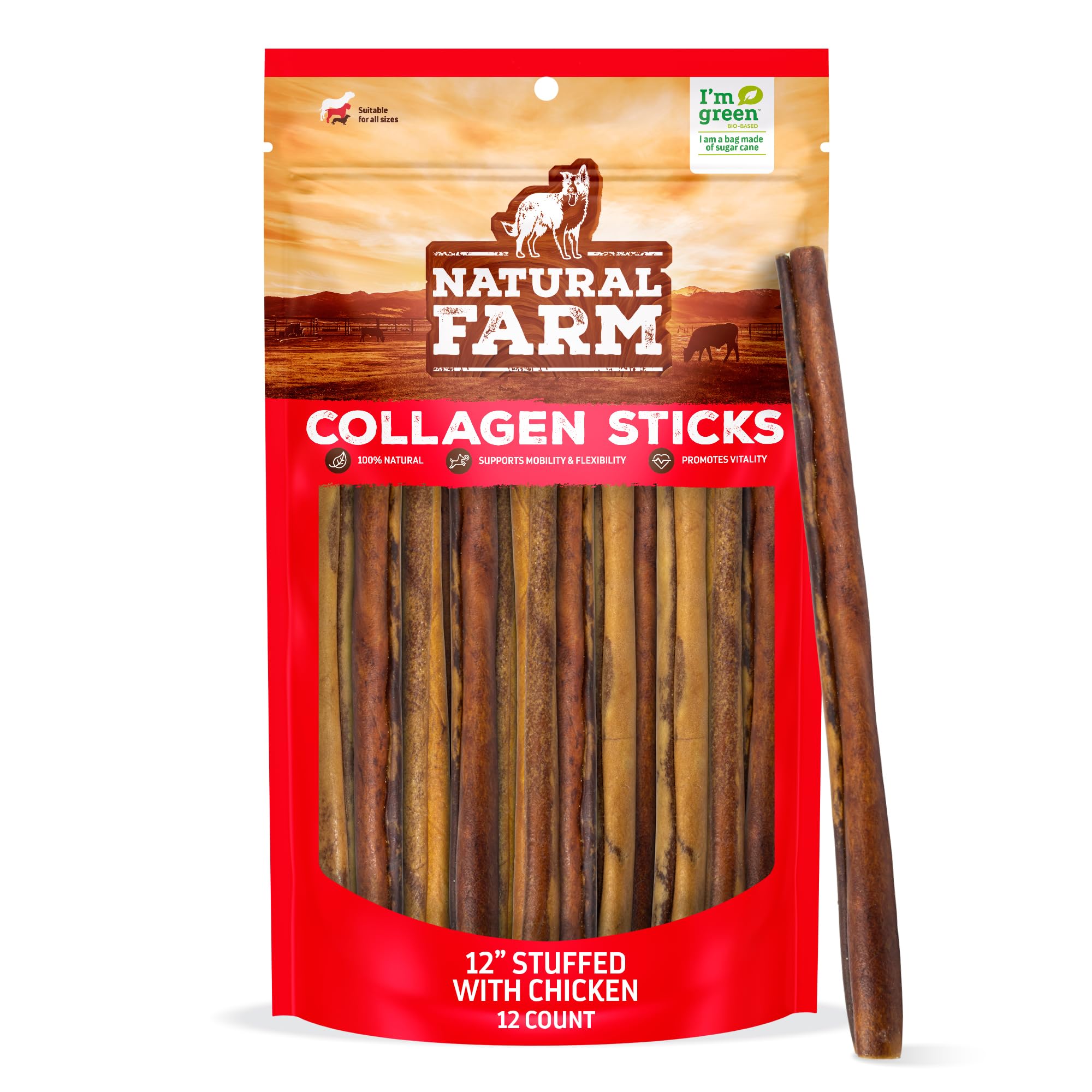Natural Farm Chicken Stuffed Collagen Chews close-up pack shows texture and size.