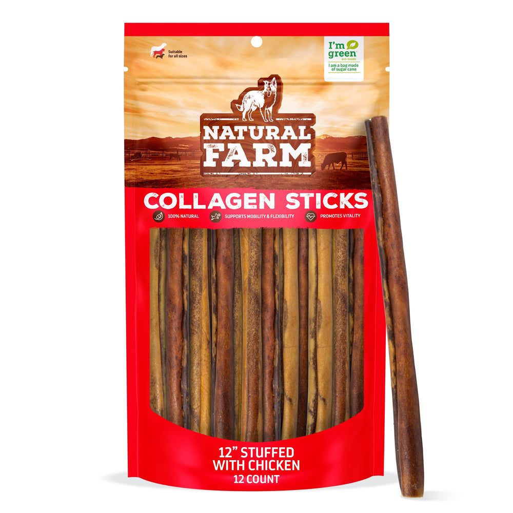Natural Farm Chicken Stuffed Collagen Chews close-up pack shows texture and size.