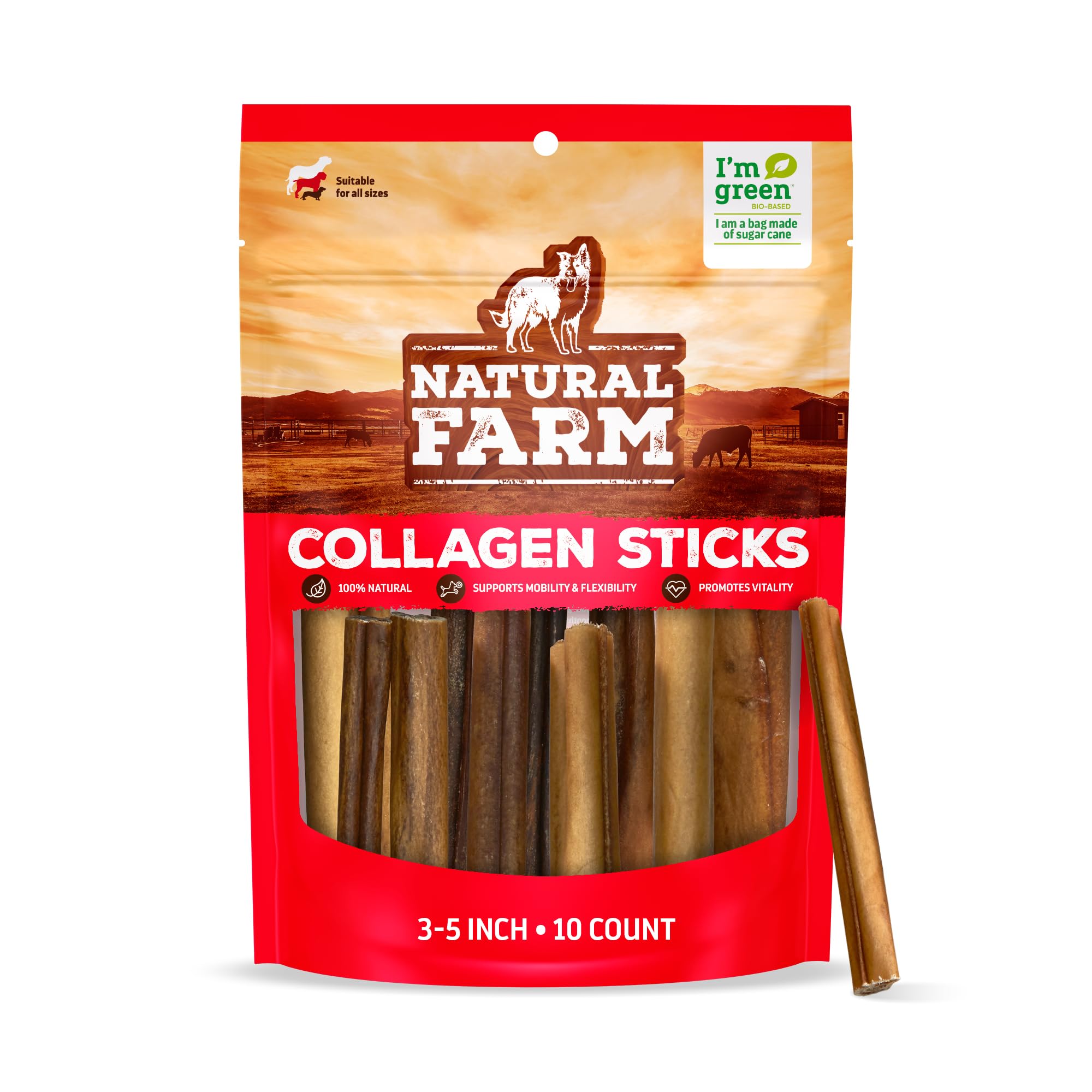 Natural Farm collagen dog chews packaging highlighting odor-free long-lasting sticks for dogs