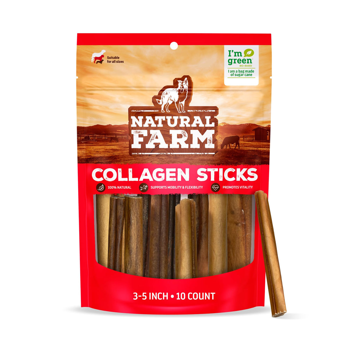 Natural Farm collagen dog chews packaging highlighting odor-free long-lasting sticks for dogs