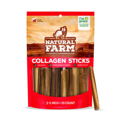Natural Farm collagen dog chews packaging highlighting odor-free long-lasting sticks for dogs