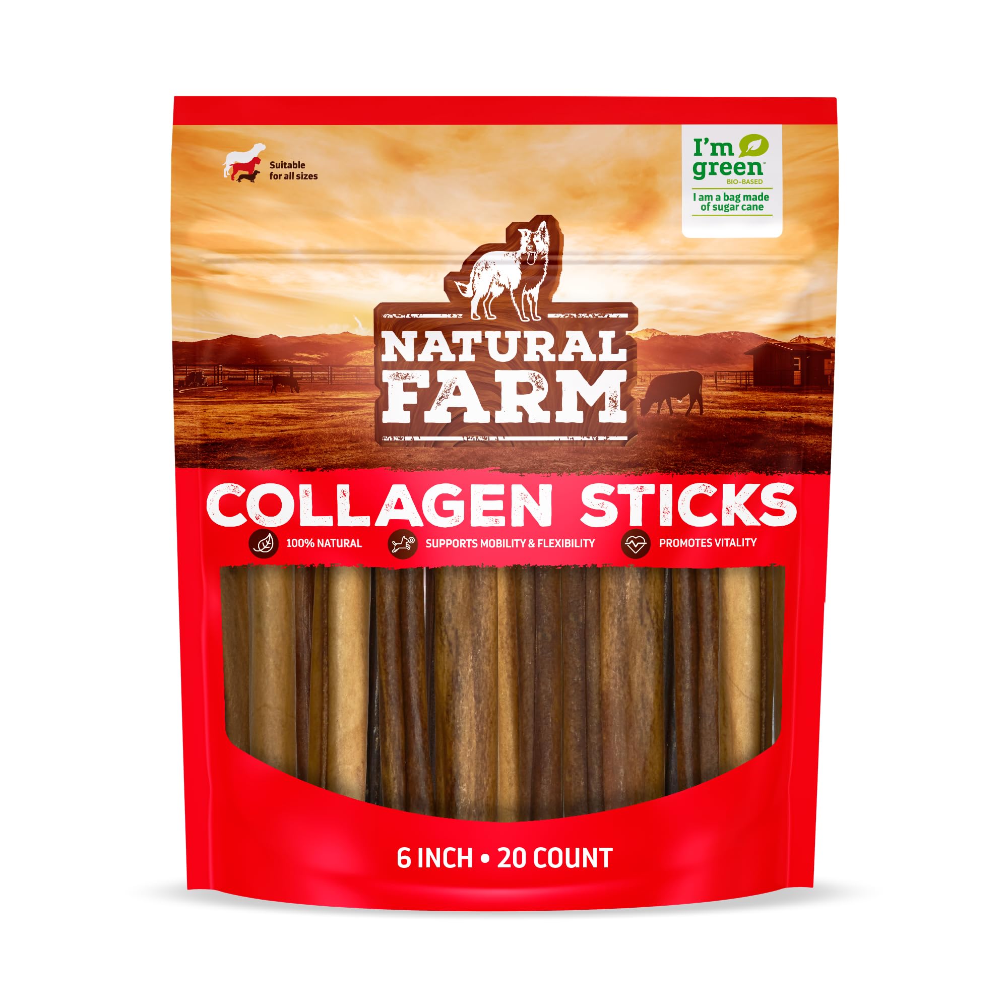 Natural Farm Collagen Sticks 6-inch pack on shelf highlights chew time