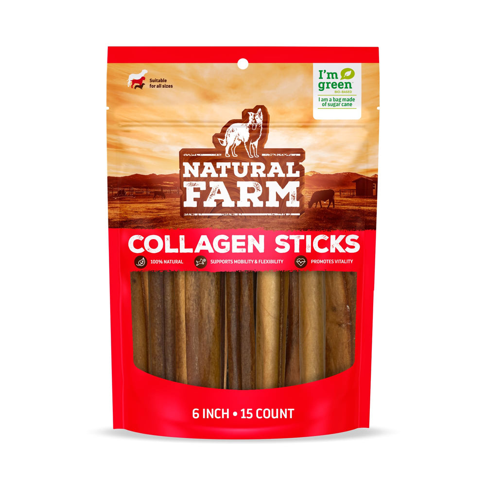 Natural Farm Collagen Sticks pack front view, odor-free dog chew option.