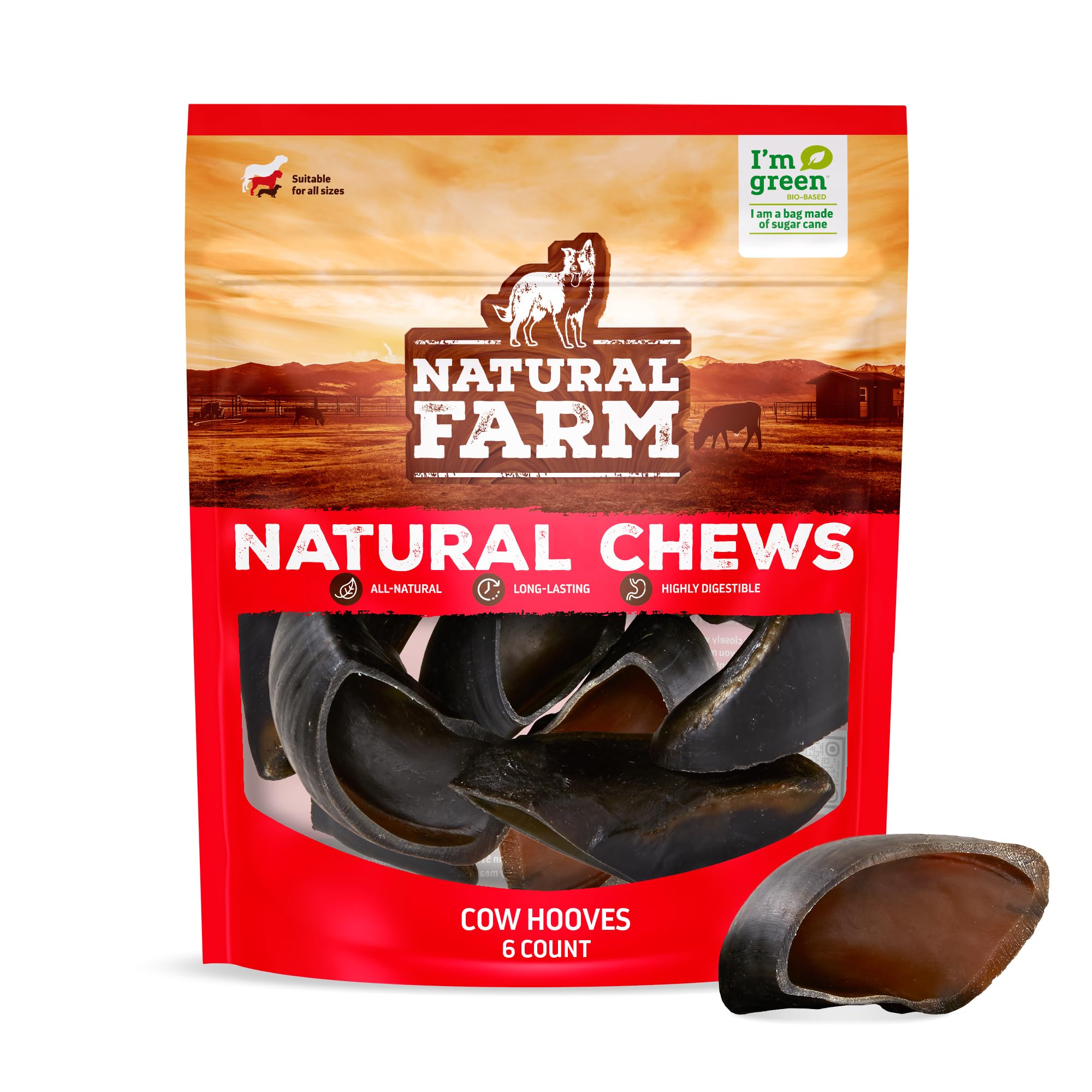 Natural Farm Cow Hooves packaging close-up demonstrates an all-natural dental chew option.