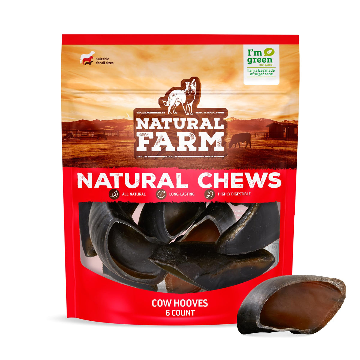 Natural Farm Cow Hooves packaging close-up demonstrates an all-natural dental chew option.