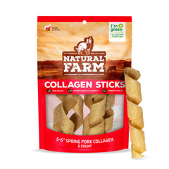 Natural Farm Curly Pork Collagen Sticks pack shot showing six-pack of odor-free chews