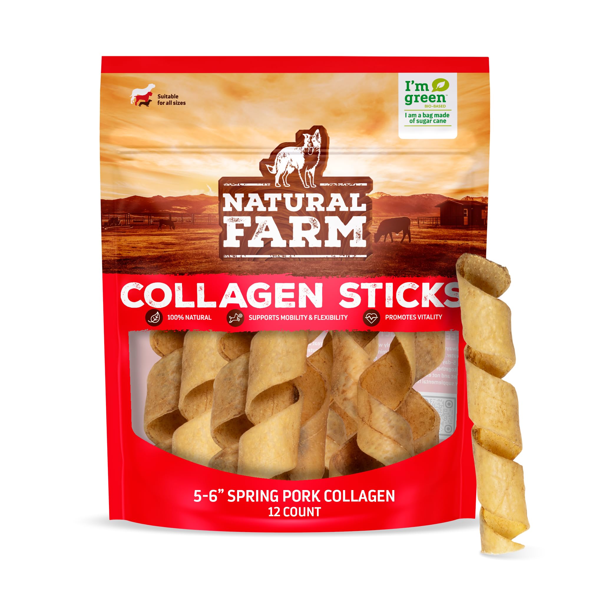Natural Farm Curly Pork Collagen Sticks pack shows natural chew for longer dog enjoyment