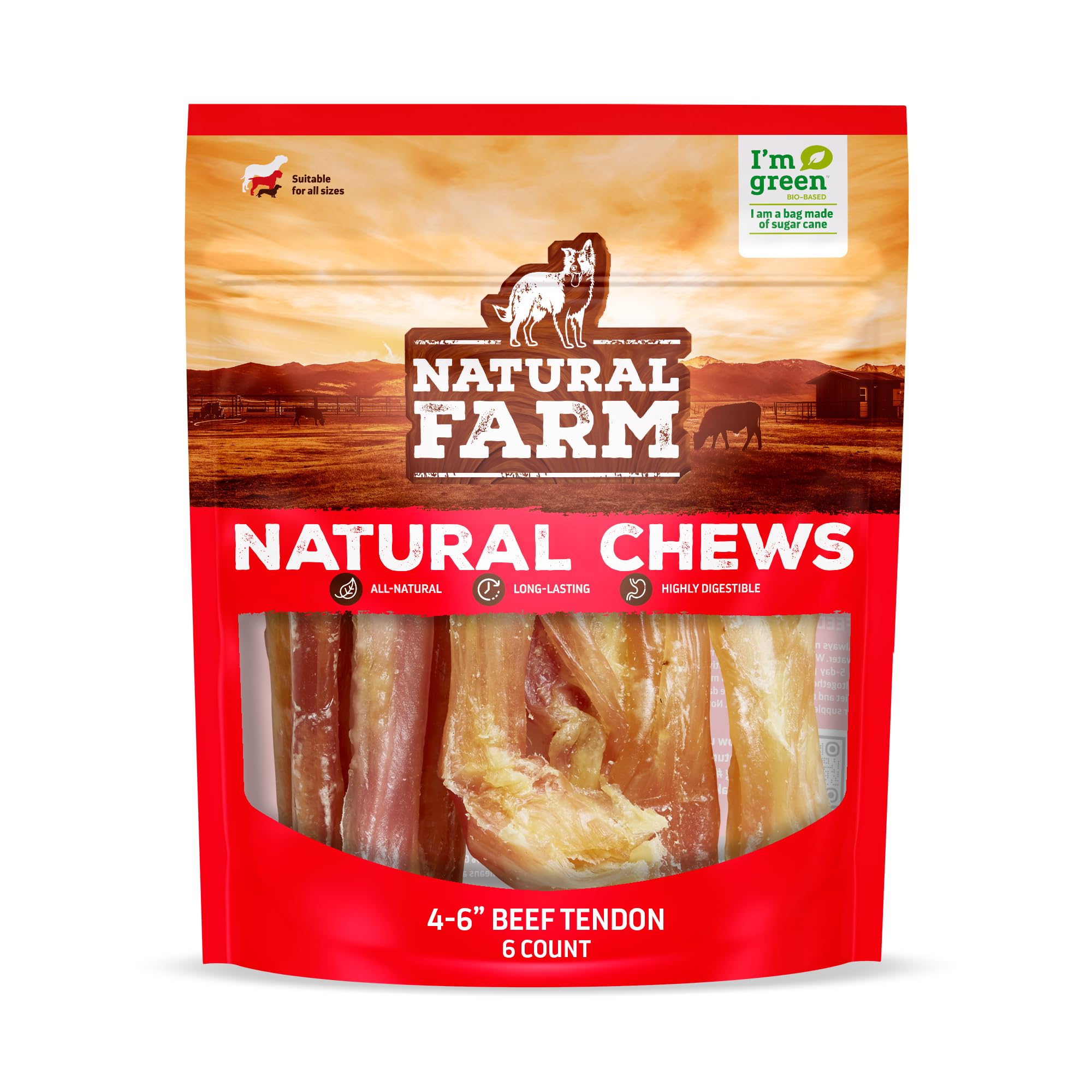 Natural Farm extra-thick beef tendons six-pack packaging for long-lasting chews.