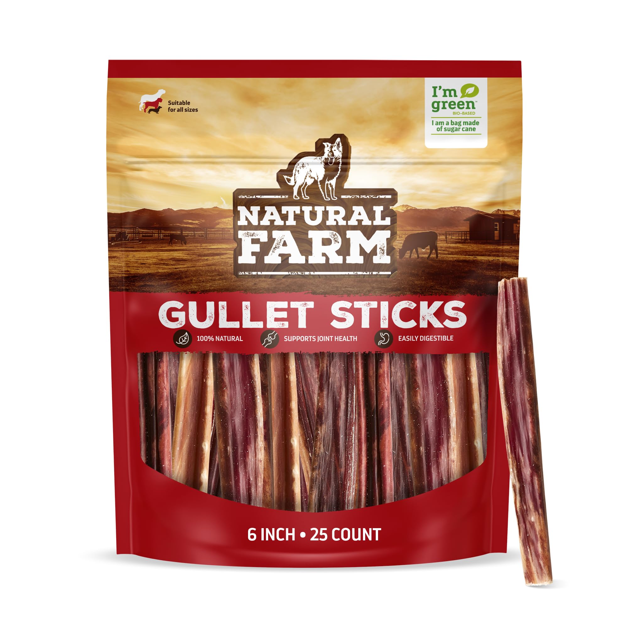 Natural Farm gullet sticks 6-inch pack for dogs; grain-free, tasty rewards.