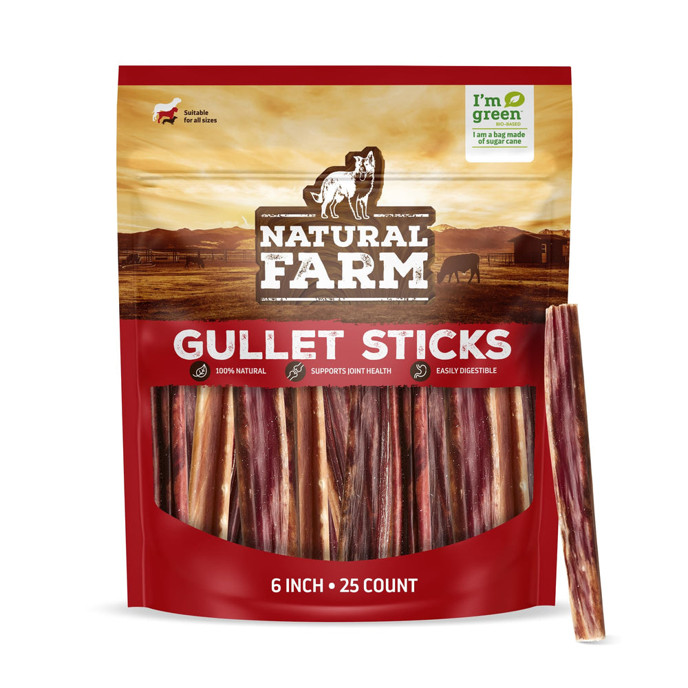 Natural Farm gullet sticks 6-inch pack for dogs; grain-free, tasty rewards.