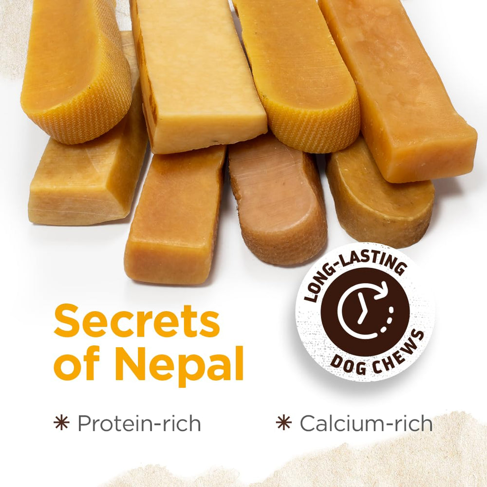 Natural Farm Himalayan Yak Cheese Chews on dog hand presenting lactose-free, gluten-free option