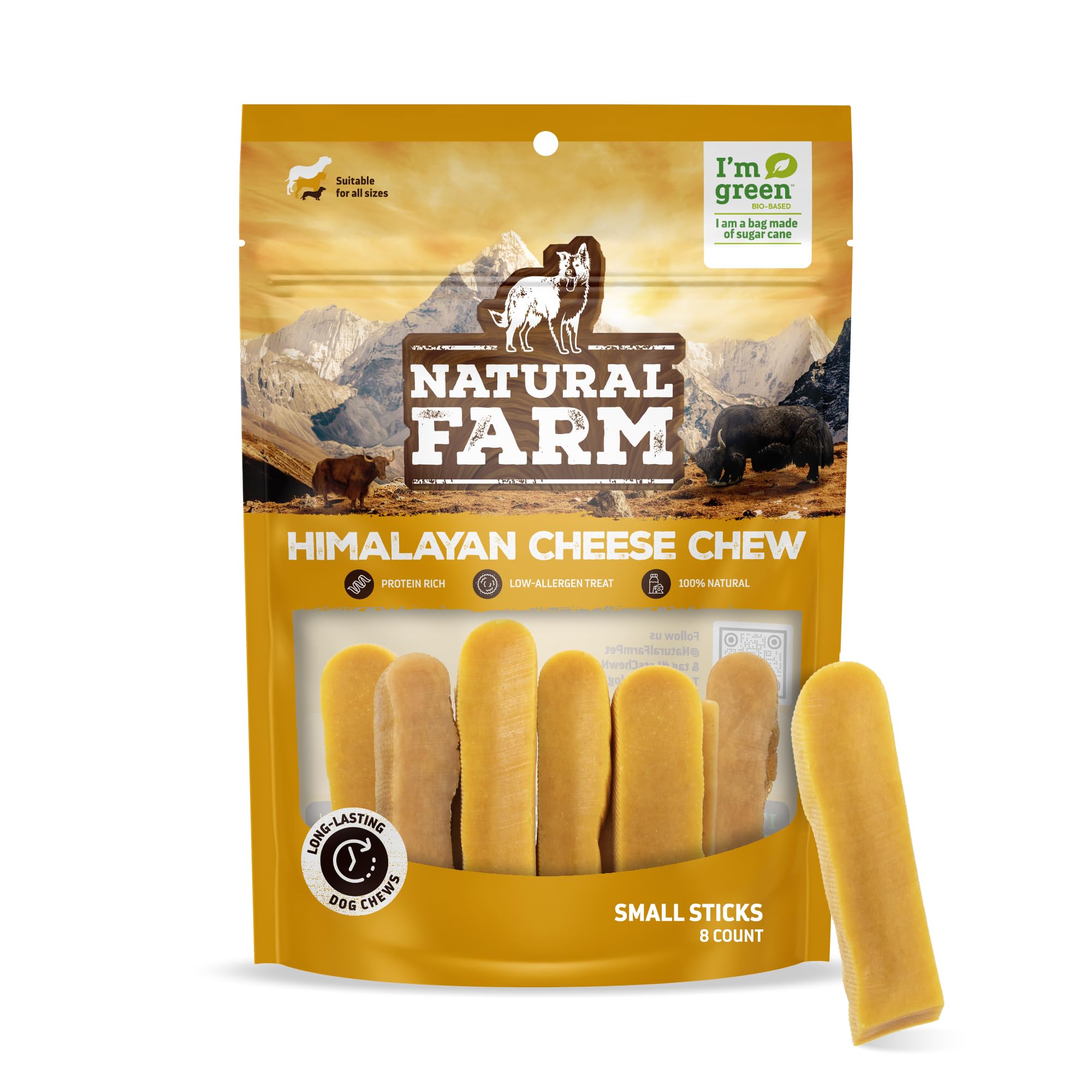 Natural Farm Himalayan Yak Cheese Chews pack shot; 8-pack dog treats.