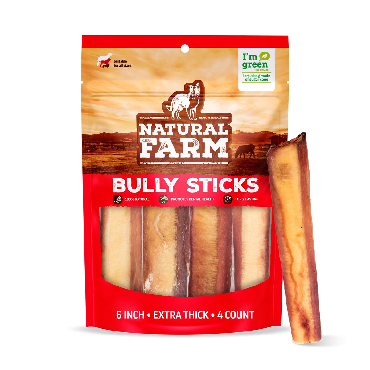 Natural Farm jumbo bully sticks 6in 4pack ready for extended chew sessions.