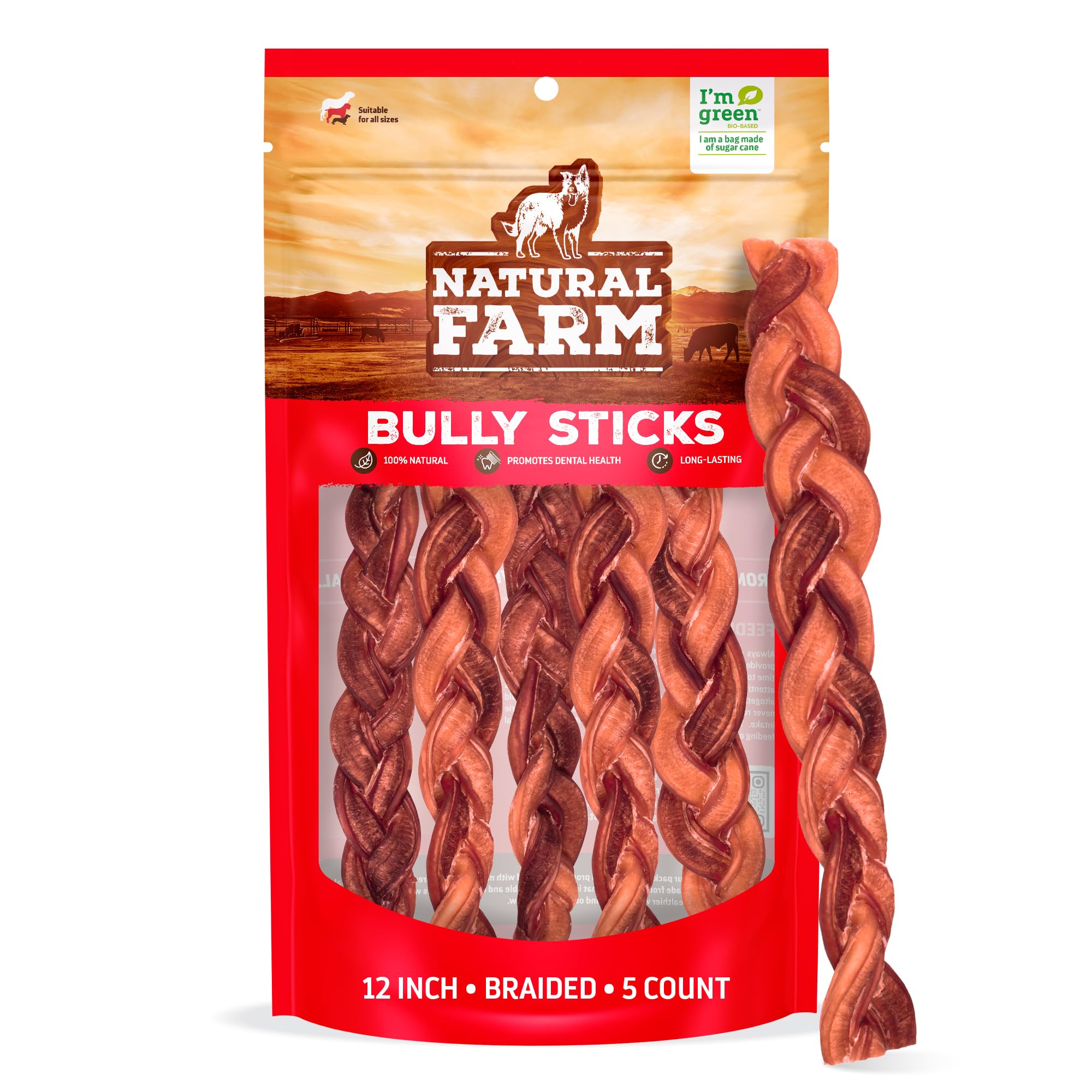 Natural Farm odor-free braided bully sticks 12-inch pack promote long-lasting chewing and dental engagement.