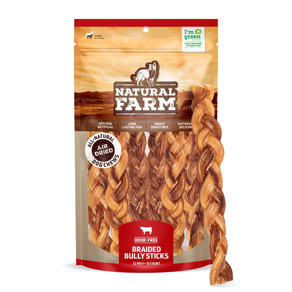 Natural Farm Odor-Free Braided Bully Sticks packaging shows a ten-pack for convenient home chews.