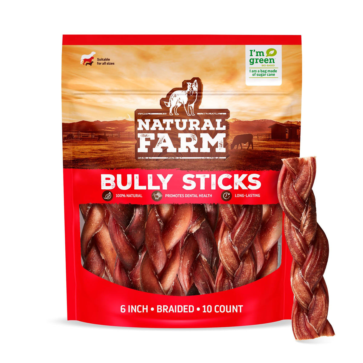 Natural Farm Odor-Free Braided Bully Sticks 6in pack shot highlighting long-lasting chew for dental play