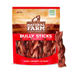 Natural Farm Odor-Free Braided Bully Sticks 6in pack shot highlighting long-lasting chew for dental play