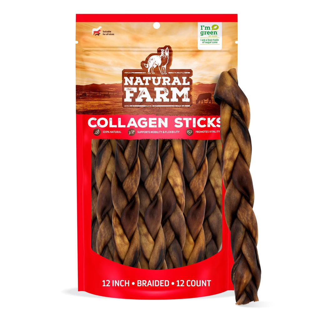 Natural Farm Odor Free Braided Collagen Chews for Dogs pack image showing long-lasting chews.