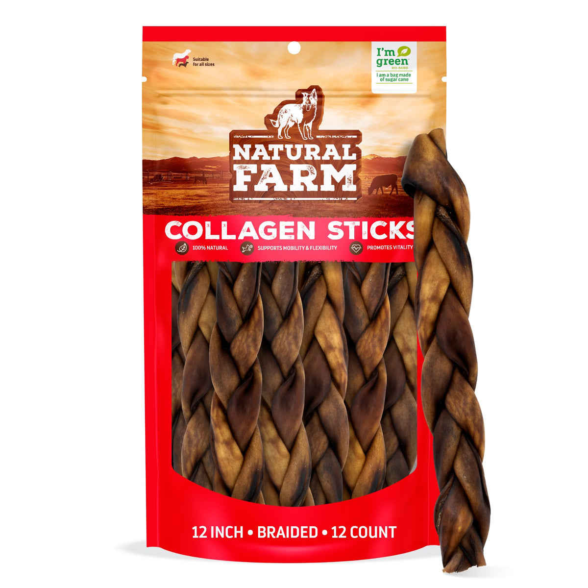 Natural Farm Odor Free Braided Collagen Chews for Dogs pack image showing long-lasting chews.