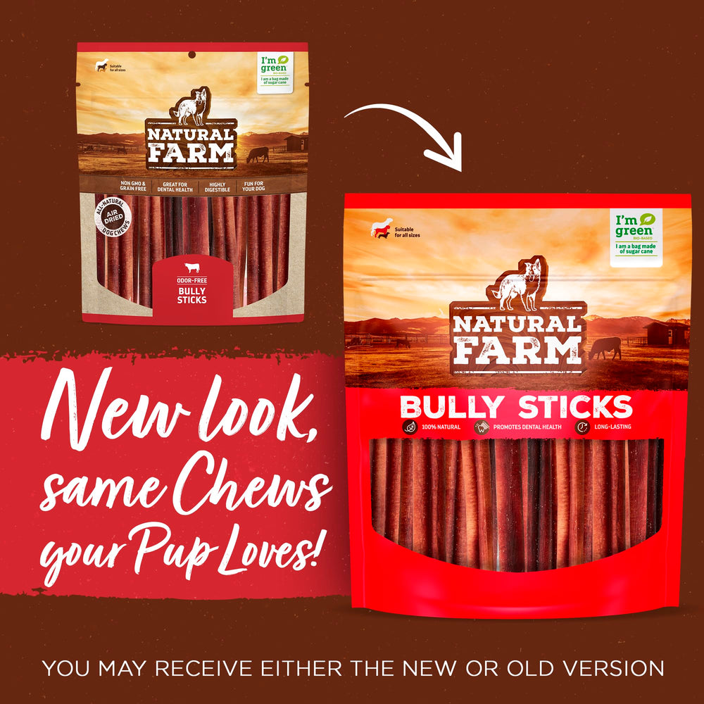Natural Farm odor-free bully stick packaging closeup emphasizes transparency and freshness.