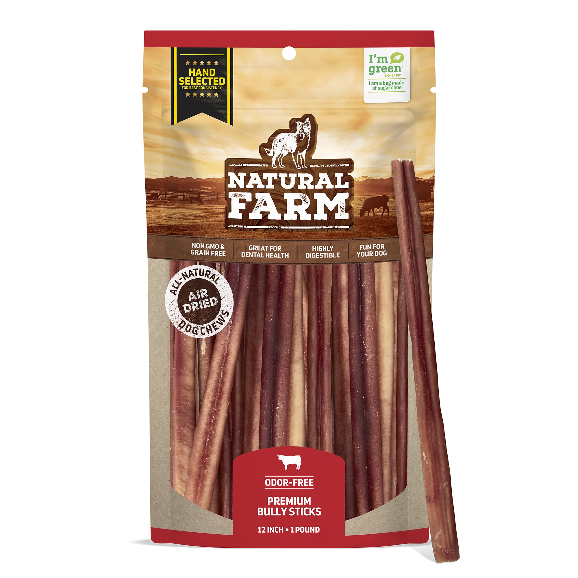 Natural Farm odor-free bully sticks 12-inch bag for long-lasting chews.