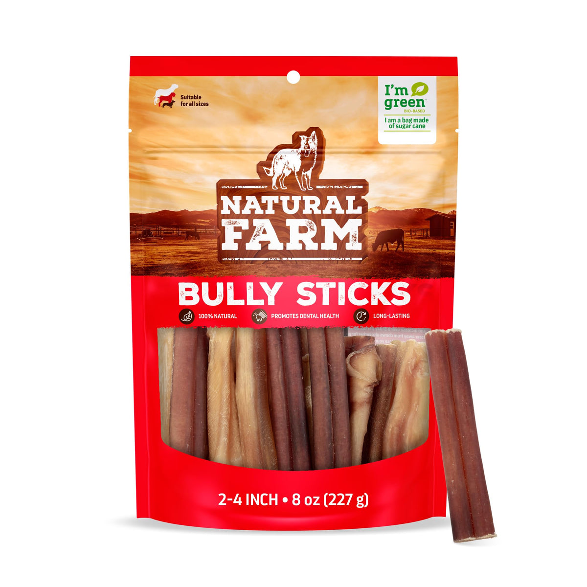 Natural Farm Odor-Free Bully Sticks 2-4 inches 8oz package for extended chews and training rewards.