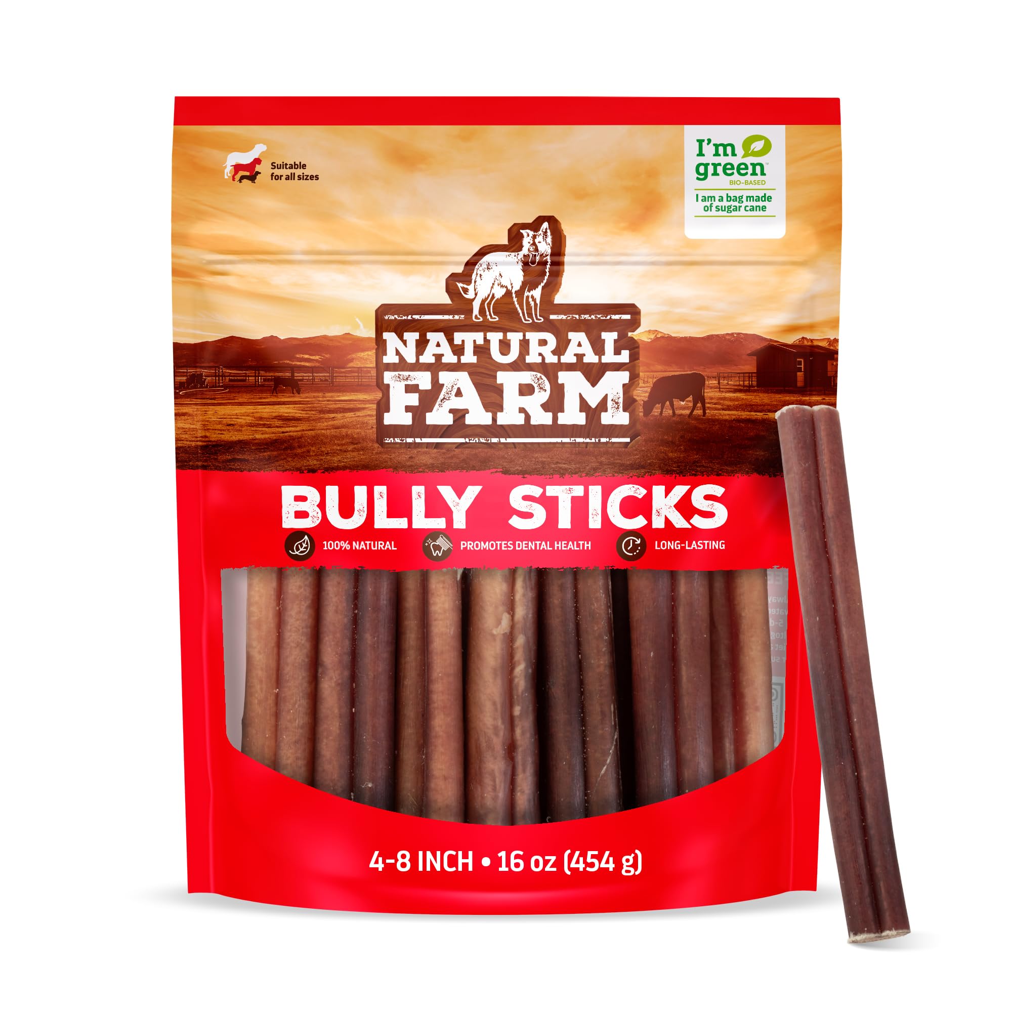 Natural Farm Odor-Free Bully Sticks 4-8 inch package view ideal for training rewards.