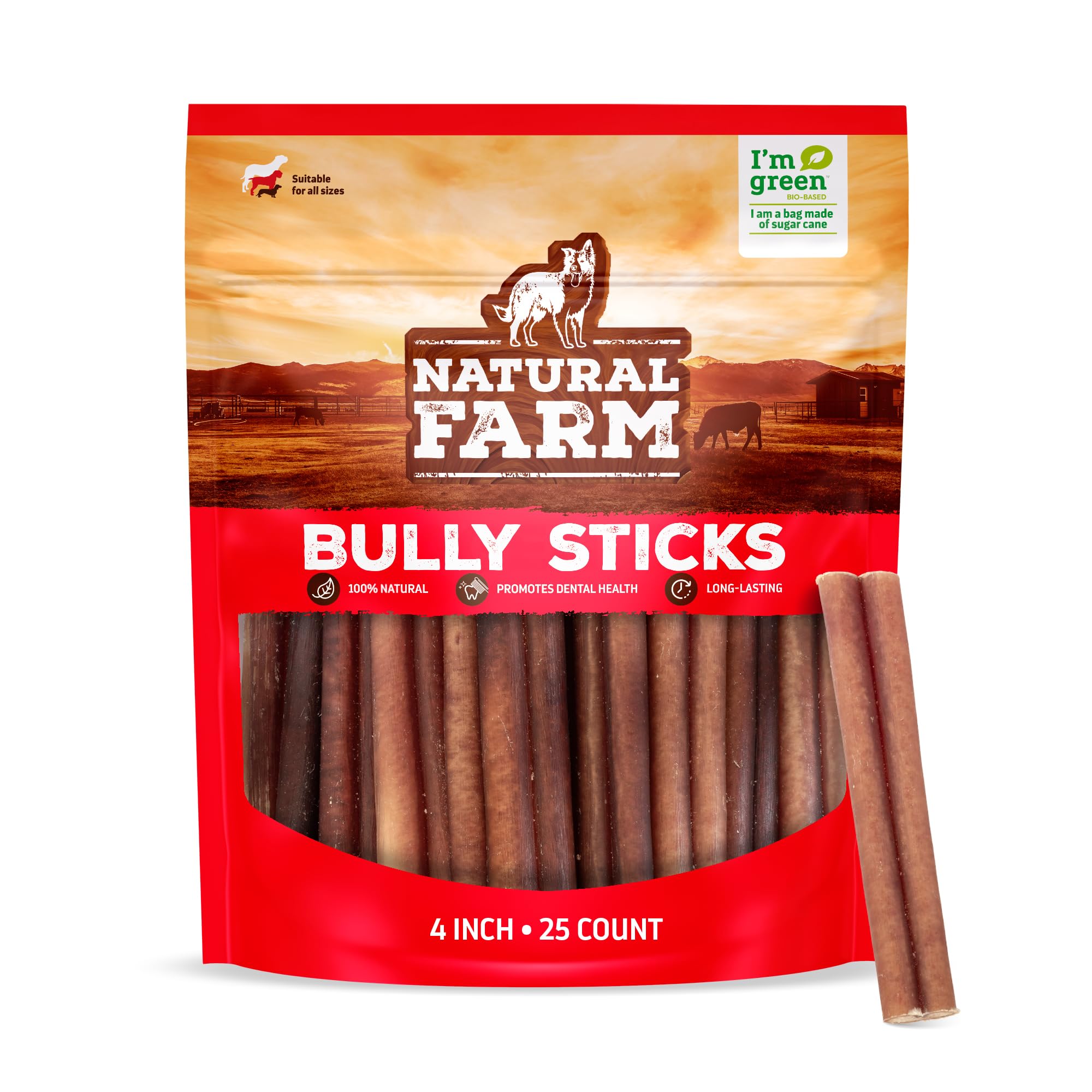 Natural Farm odor-free bully sticks 4in pack for small and medium dogs.